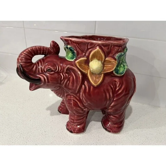 Vintage Ceramic Large Elephant Planter Colorful Made in Japan Pottery Burgundy - Picture 2 of 16